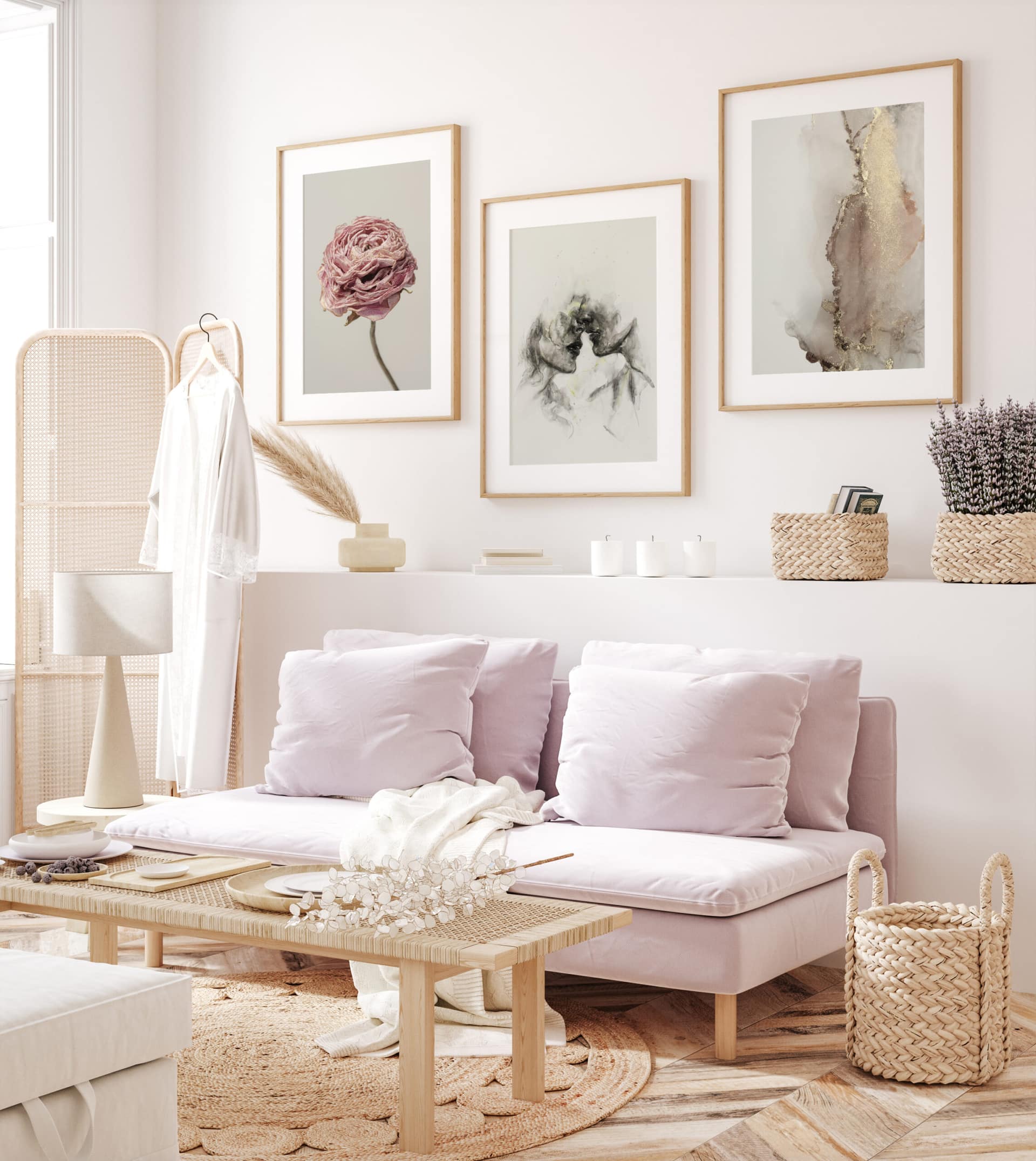 Frame mockup in fresh spring living room interior background, 3d