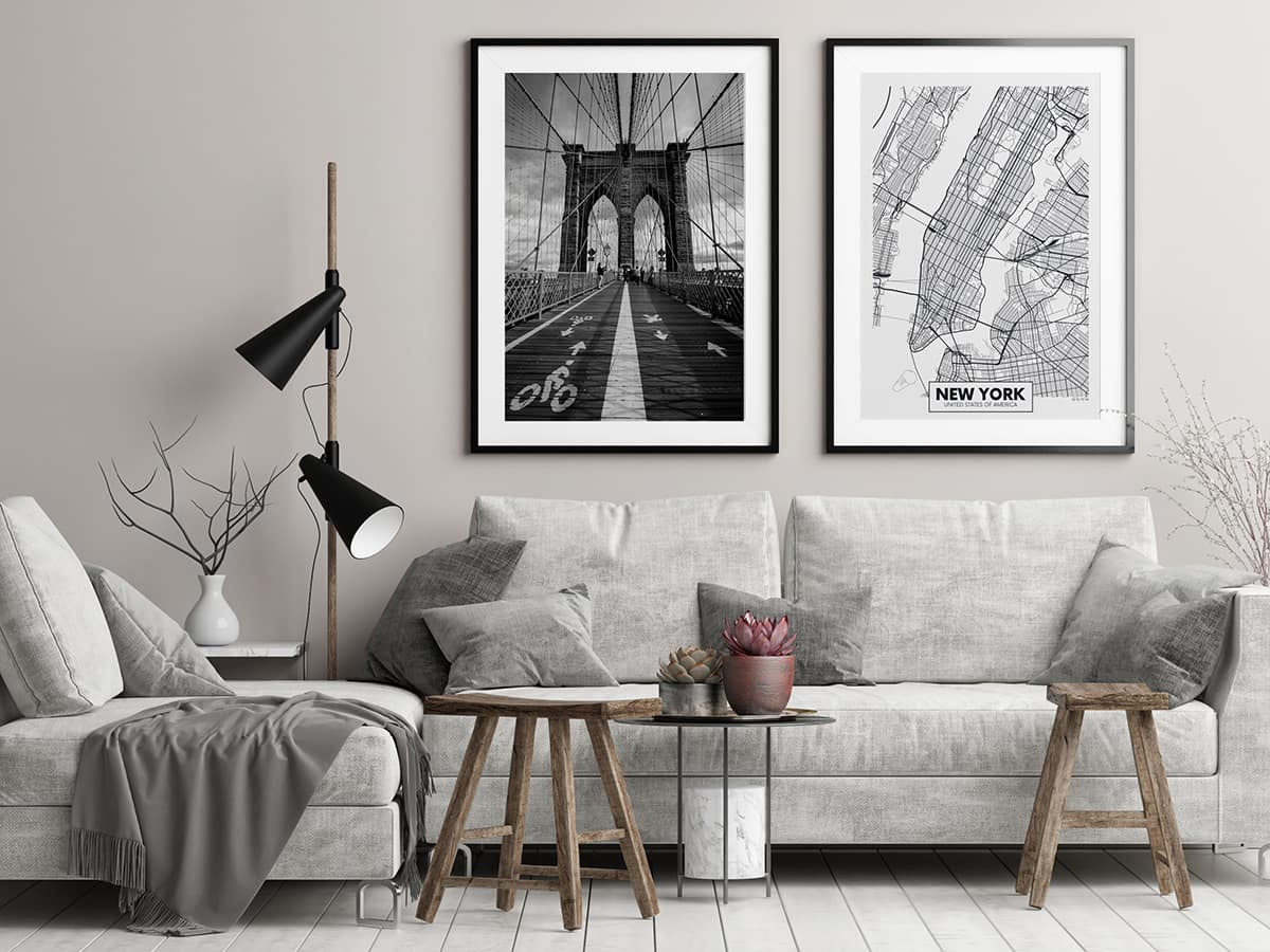 Mock up posters in Nordic hipster living room, 3d render, 3d ill