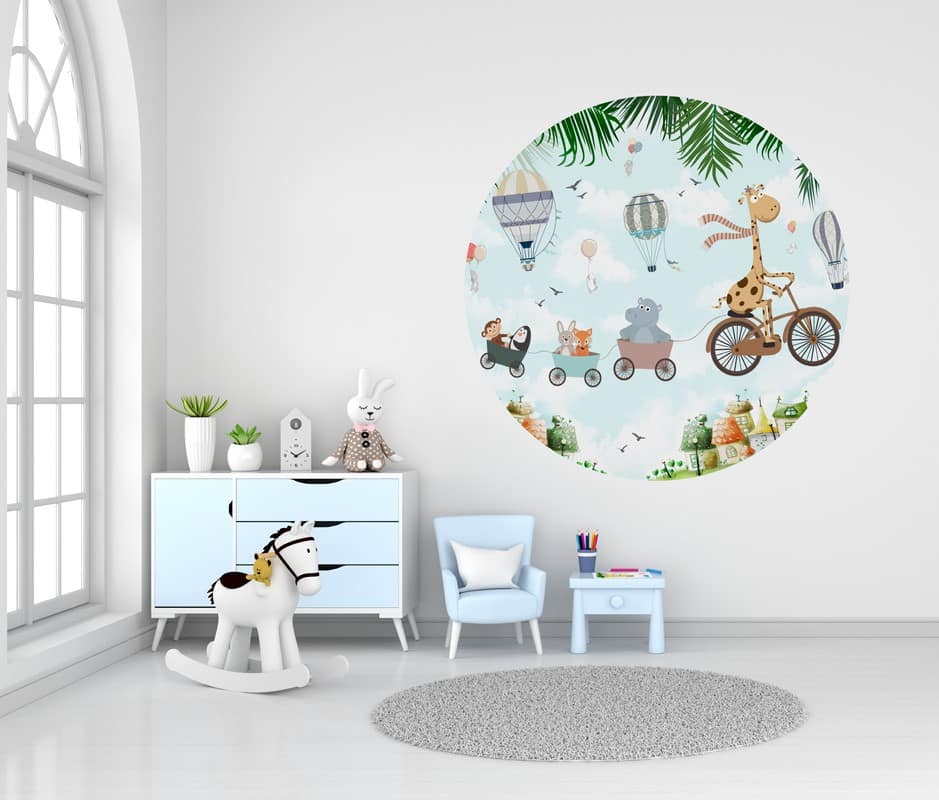 Table and armchair in white child room interior with free space, 3D rendering