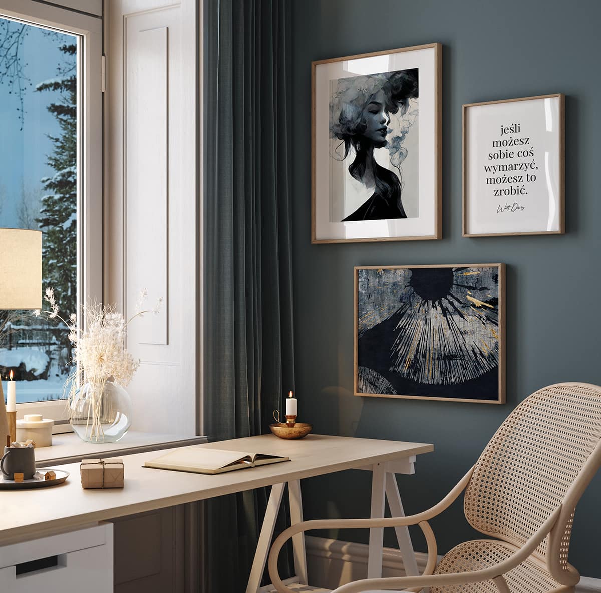 Home,Workplace,Interior,With,Frame,Mockup,At,Winter,Evening,Time,