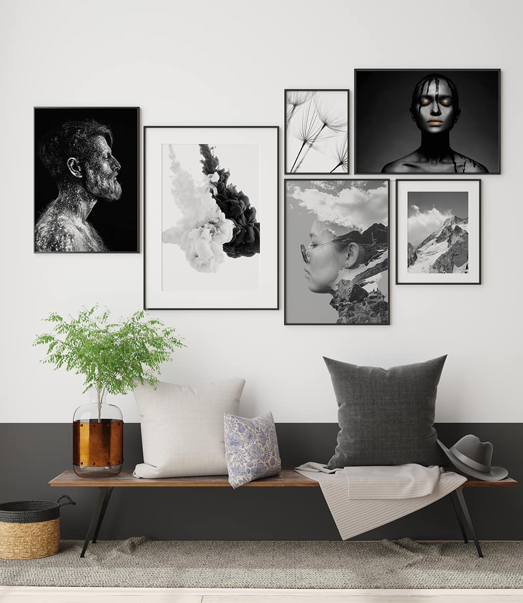 Mock up poster frame in interior with wooden bench, branch in va