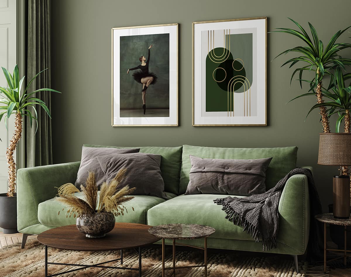 Poster mockup in home interior with green sofa, table and decor,