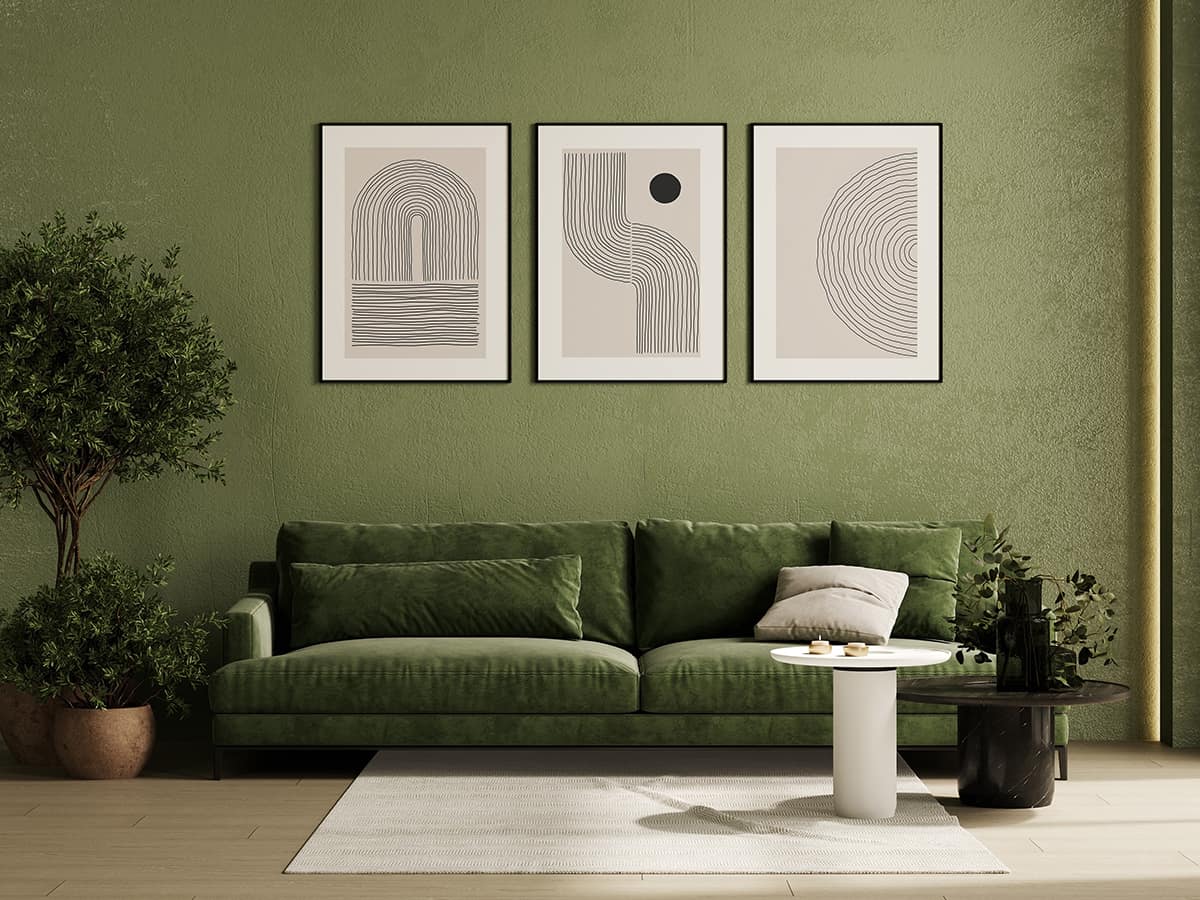 mock up poster frames in green modern interior background, livin