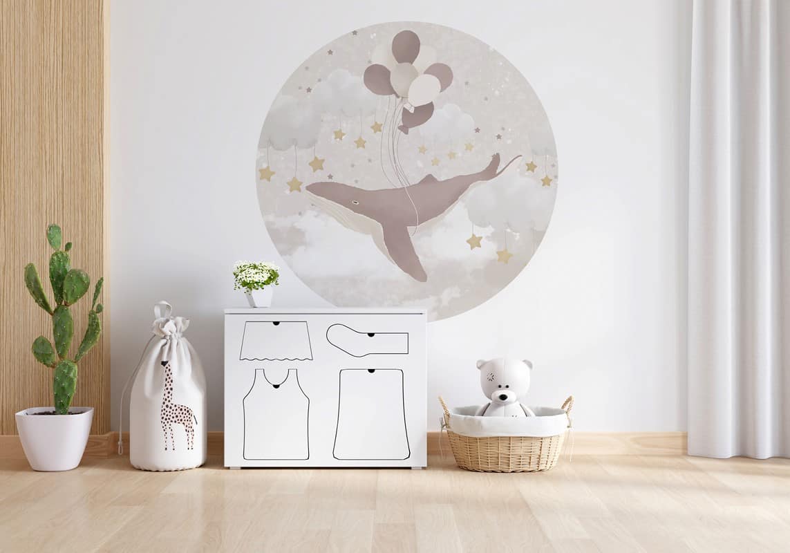 Wardrobe in white child room interior with copy space for mockup, 3D rendering