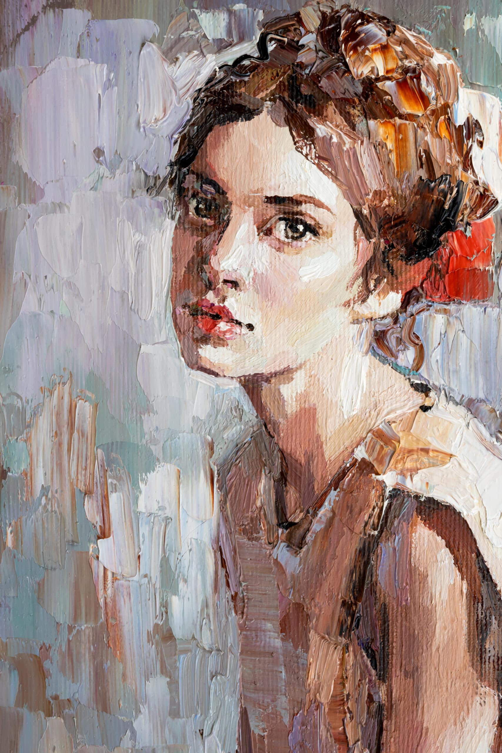 Young woman with beautiful mysterious brown eyes. Textured art. Fragment of oil painting.