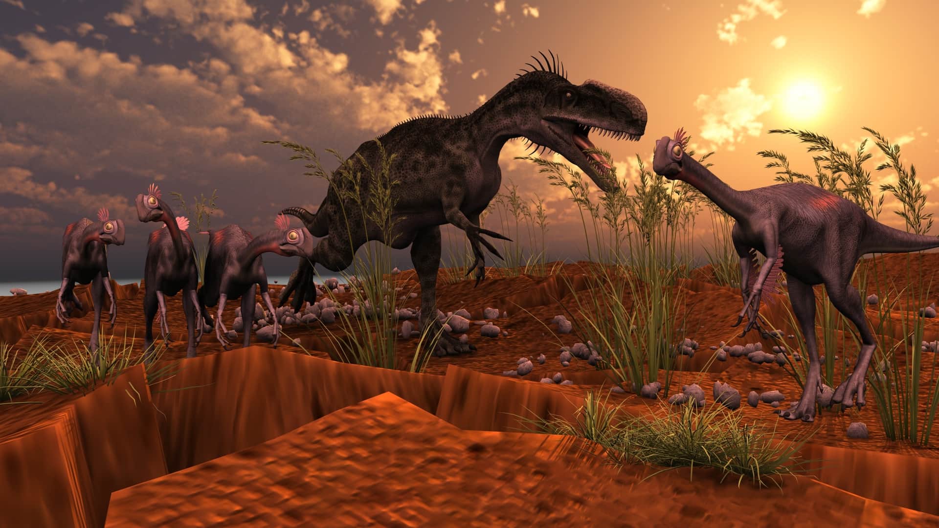 Fototapeta Dinozaury O Zachodzie Słońca